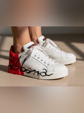 Dolce & Gabbana D&G Portofino Red White Print Leather Sneakers Shoes Size 37